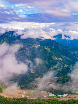 Aerial View of Misty Mountains and Agricultural Fields in Nantou
