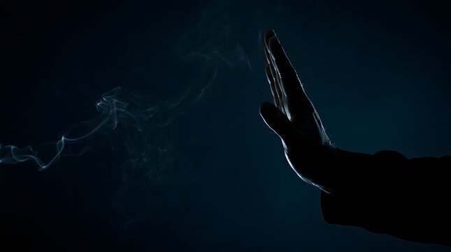 Human hand palm stopping smoke clouds.