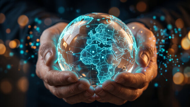 Pair of hands holding a transparent globe with digital connections and nodes superimposed over it, representing a network, global communication