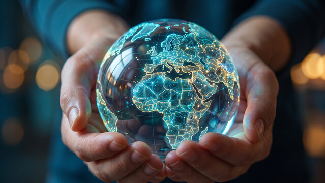 Pair of hands holding a transparent globe with digital connections and nodes superimposed over it, representing a network, global communication