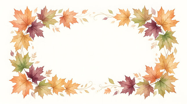 Watercolor yellow autumn maple leaves frame for background and border with copy space for text in center
