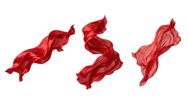 Three flowing red silk fabric pieces captured in motion with soft folds and curves isolated on a transparent background