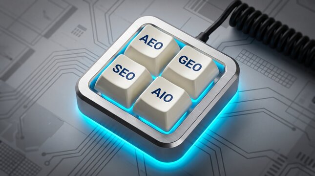 Macro view of mechanical keyboard keys labeled with technical marketing acronyms technology computer hardware component electronic information internet optimization