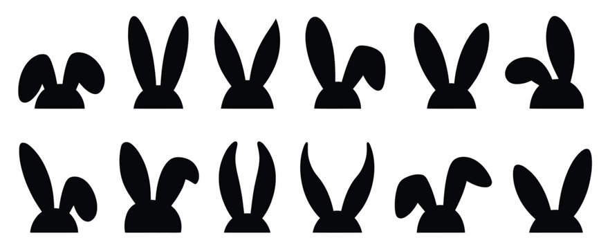 Set of various black bunny ear silhouettes with different positions and shapes for creative easter design elements and animal costume concepts.