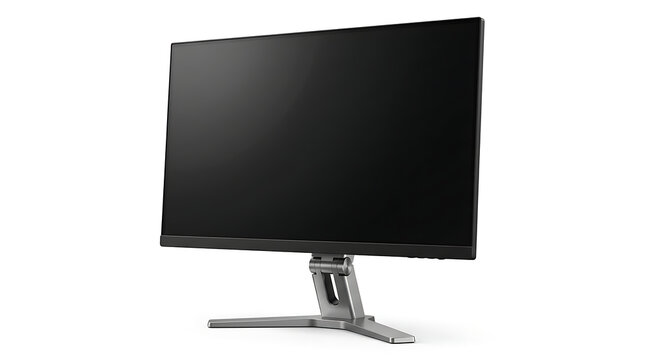 Modern slim black flat screen computer monitor in side angle view isolated on white background, digital LCD display technology for office work gaming business home entertainment and workspace setup