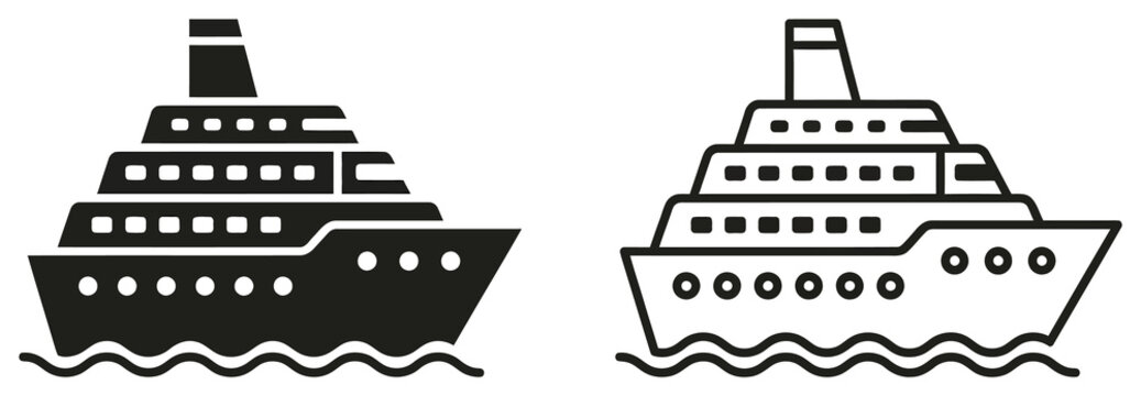 Cruise ship silhouette and outline icons on transparent background for travel and maritime navigation graphic design.