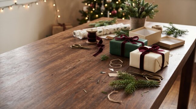 Christmas gifts and wrapping supplies on a rustic wooden worktable with festive bokeh background, velvet ribbons and evergreen branches with copy space