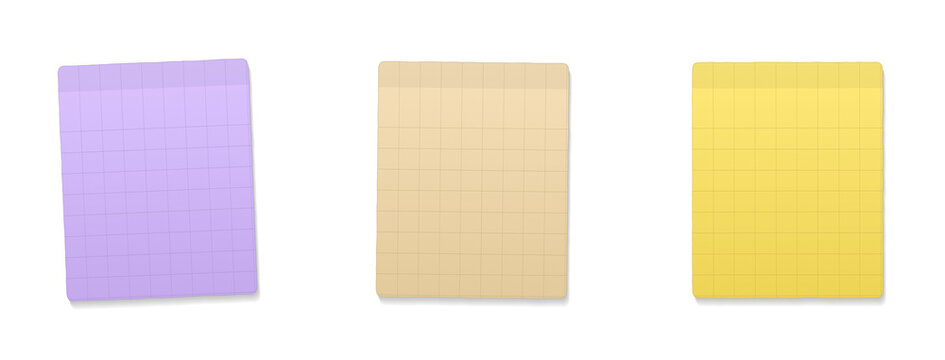 Set of three colorful rectangular sticky notes with grid pattern isolated on transparent background