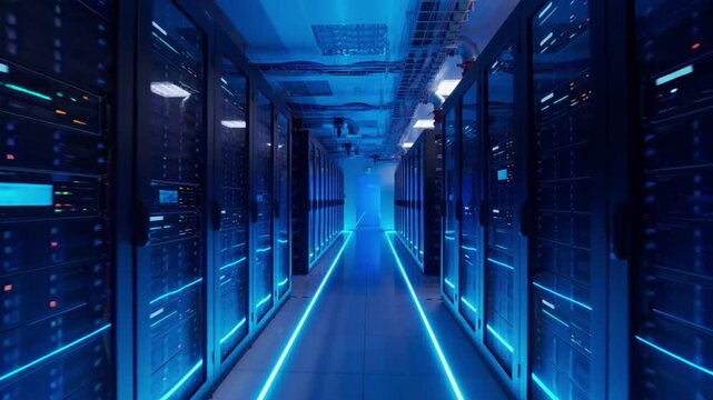 Modern server room in a data center with rows of high performance computing racks and blue lighting