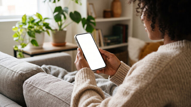 Woman Sitting on Couch Holding Smartphone with Blank White Screen Mockup