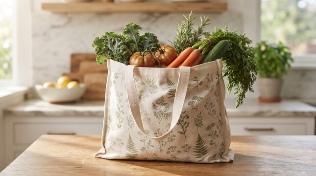 Fabric shopping bag filled with fresh organic vegetables on a wooden kitchen table