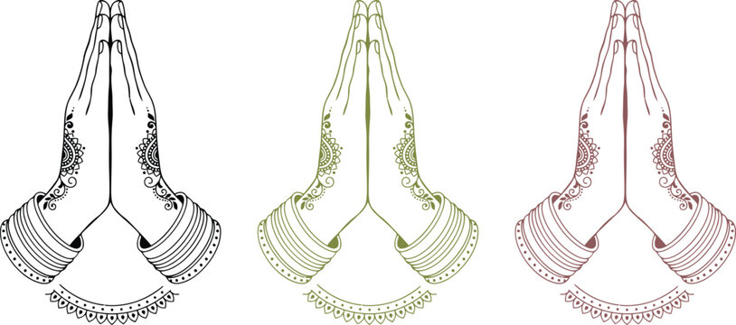 Namaste greeting hands with intricate henna patterns in three color variations on a white background
