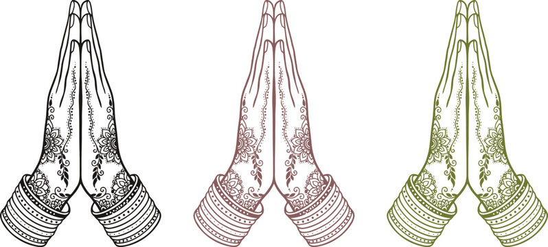 Three Praying Hands with Henna Design in Black Pink and Green on White Background