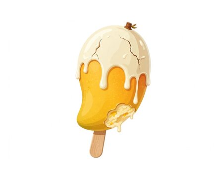 Fresh mango fruit shaped popsicle bar with dripping white cream glaze coating and a bite mark revealing the creamy frozen dessert center on a wooden stick, isolated on white background