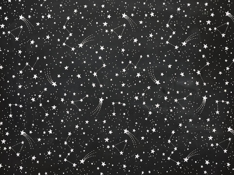 Hand drawn constellation and star map pattern on dark chalkboard background.