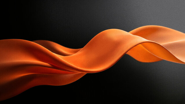 Abstract 3D wavy cloth background with grainy particle texture featuring luxury gradient orange wave on dark charcoal backdrop for modern digital design.