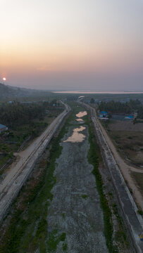 Aerial View of a Dried Riverbed at Sunset