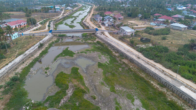 Aerial View of a Dried Up Riverbed in a Village
