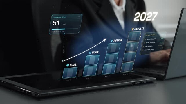 2027 growth journey with four steps of goal, plan, action and results, momentum score and upward arrow showing progress and achievement. Foretell.