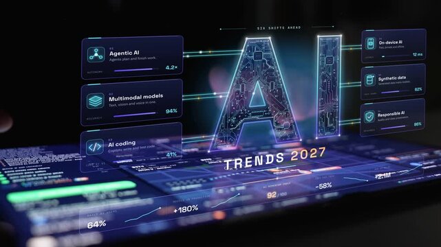 New year 2027 artificial intelligence concept showing six shifts, AI momentum, new AI roles and cost reduction from automation and machine learning. Foretell.
