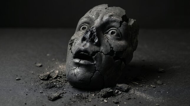 Distressed dark clay face sculpture with deep cracks texture and raw artistic expression