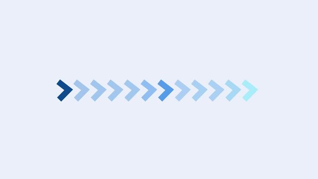 Minimal looping animation of multiple blue gradient chevron arrows moving forward in sequence, transitioning from dark blue to cyan on a soft pastel background, ideal for navigation, workflow transiti