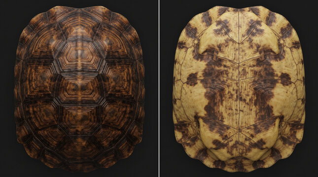 Side by side texture showcase presenting dark brown wood grain turtle scute shell and soft yellow speckled plastron skin