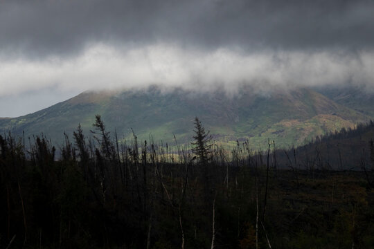 Light shining on mountain below dark clouds at a lake near Soldotna, Alaska on a summer day.