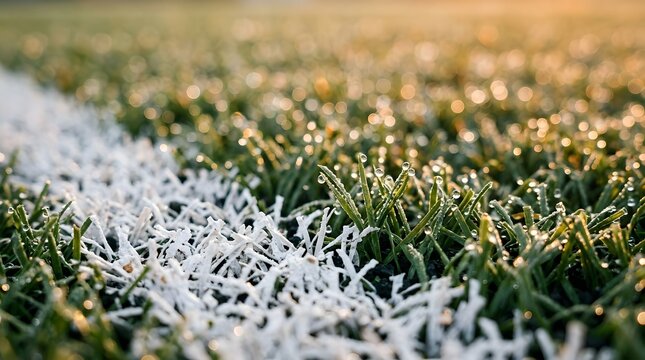 Fresh green grass blades covered in sparkling morning dew drops near white chalk line markings on sports field