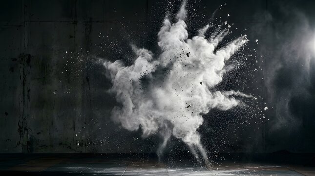 Vibrant white powder explosion creating dynamic cloud patterns with dramatic studio lighting against dark textured industrial background