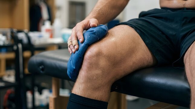 Athlete applying ice pack to injured knee for recovery after sports workout in physical therapy clinic