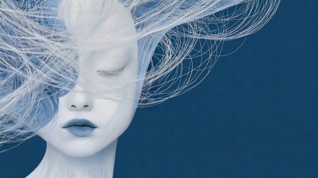 Growth and innovation visualized through ethereal silver threads around a serene pale face on deep blue, symbolizing expanding horizon and futuristic change