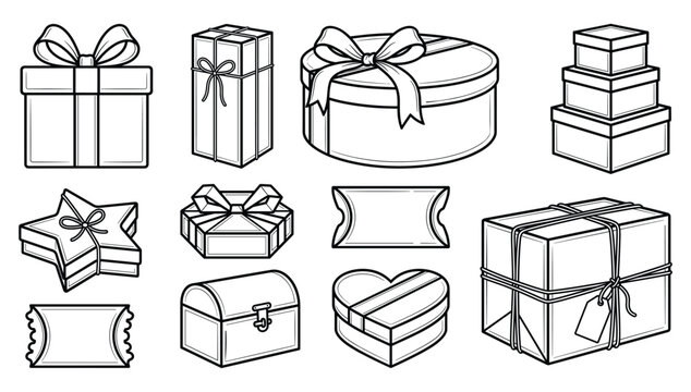 Gift Box and Present Packages Icon Set Featuring Heart Star Round Shaped and Stacked Holiday Boxes