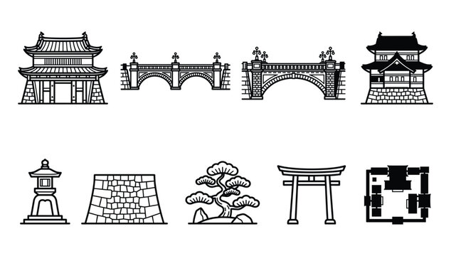 Japanese Landmark and Traditional Architecture Icon Set Featuring Castle Pagoda Torii Gate and Bonsai Pine Vectors