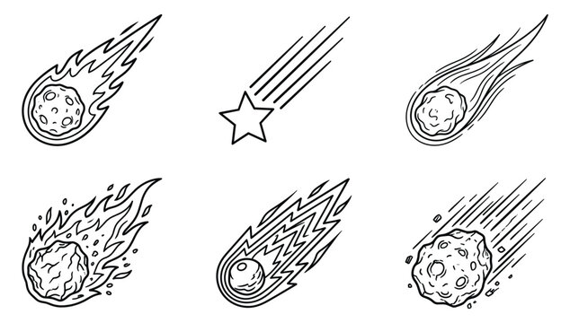 Meteor Comet and Falling Shooting Star Icon Set Featuring Flaming Asteroids and Space Rock Linear Vectors