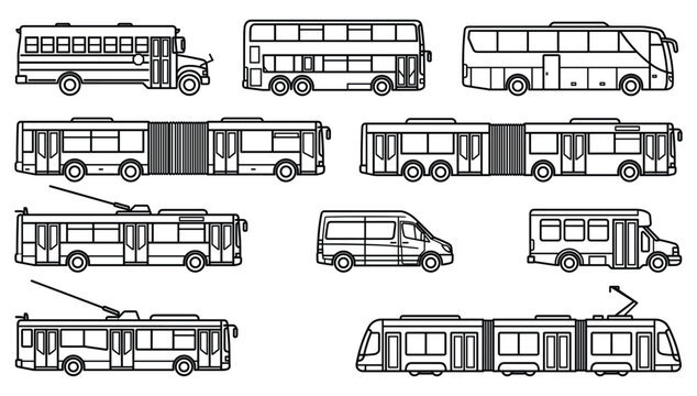 Public Transportation Bus and Tram Line Icon Set Featuring School Bus Double Decker and Articulated Vehicles