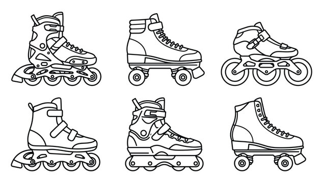 Roller Skate and Inline Blade Icon Set Featuring Quad Skates Rollerblades and Extreme Sports Footwear Vectors