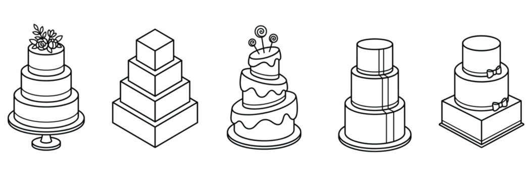 Tiered Wedding Cake and Celebration Dessert Icon Set Featuring Square Round and Floral Outline Vectors