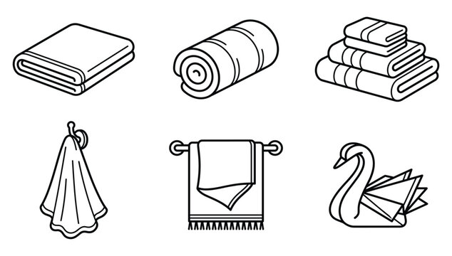 Towel and Bathroom Textile Icon Set Featuring Rolled Folded Stacked Hanging and Swan Shaped Vectors