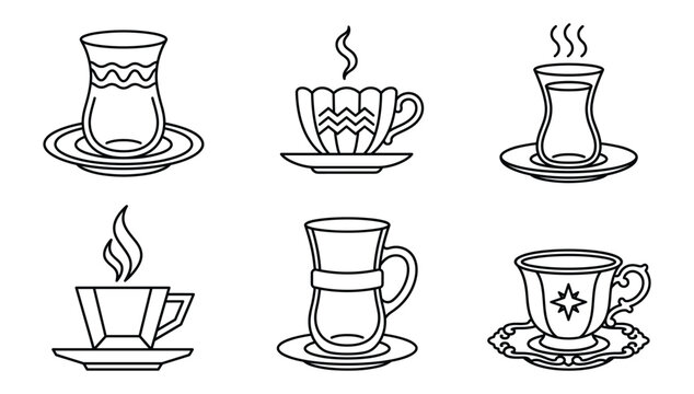 Turkish Tea Glass and Hot Coffee Cup Icon Set Featuring Traditional Saucers and Steaming Beverage Vectors