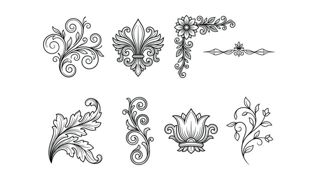 Vintage Baroque Ornament Icon Set Featuring Fleur De Lis Filigree Swirls Corners and Floral Divider Vectors