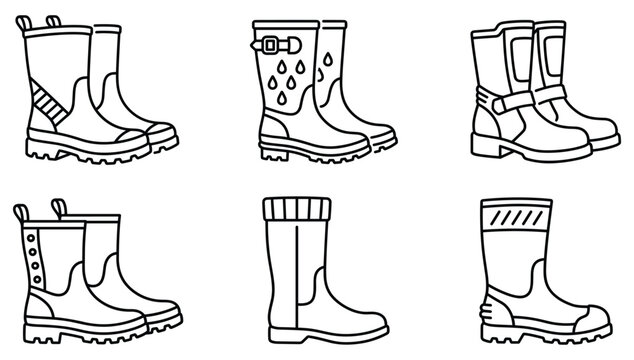 Waterproof Rubber Rain Boots Icon Set Featuring Protective Autum Footwear for Mud Hiking and Wet Weather