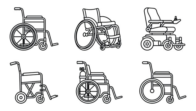 Wheelchair and Mobility Aid Icon Set Featuring Manual Electric Power and Transport Chairs Line Art Vectors