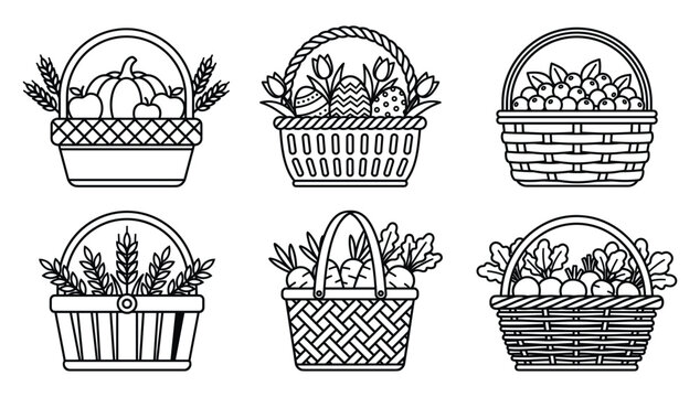 Wicker Gift Basket Icon Set Featuring Autumn Harvest Easter Eggs Wheat and Fresh Garden Vegetable Vectors