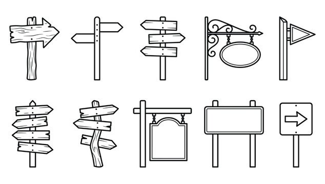 Wooden Directional Signpost and Hanging Billboard Icon Set Featuring Blank Arrow Boards and Vintage Street Signs