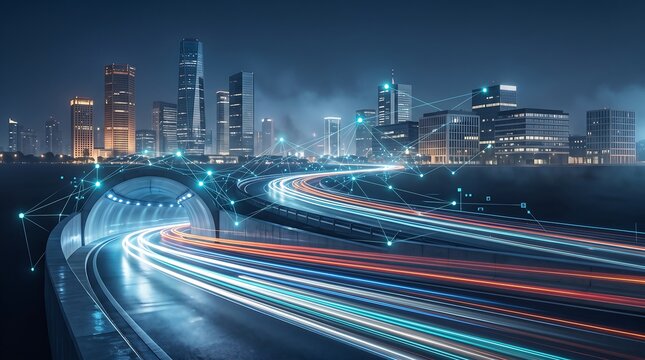 City night traffic motion blur through modern tunnel with futuristic digital data nodes and light trails connecting urban skyscrapers in metropolitan skyline
