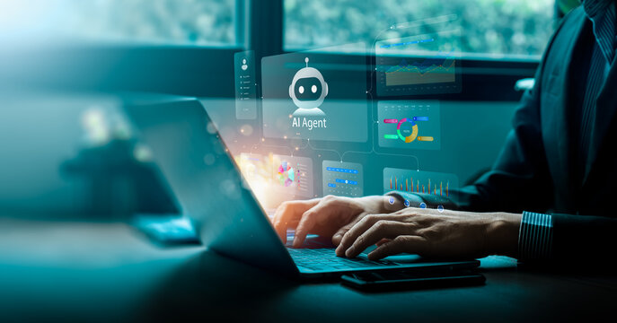 AI agent business analytics concept with professional using laptop and virtual dashboard showing intelligent automation, performance metrics, data insights and decision support