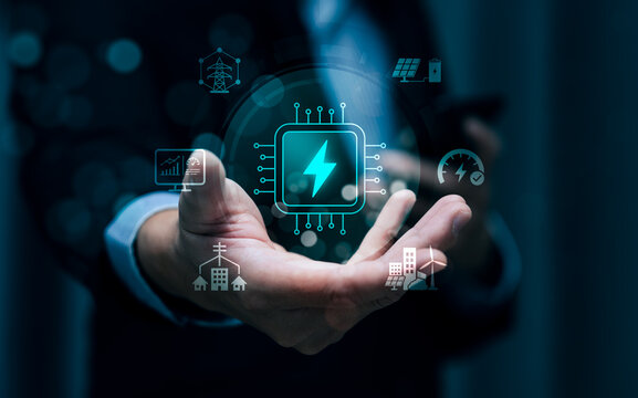 Smart grid energy management concept with professional presenting virtual power chip interface showing renewable electricity, battery storage, solar, wind and digital infrastructure