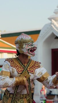 Thai Khon Masked Dancer Performing Hanuman Dance Outdoors