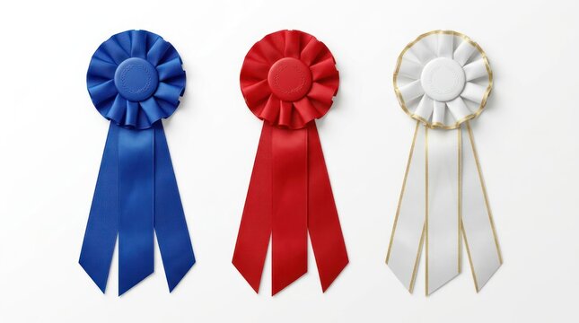 Collection of award ribbons in blue red and white against a neutral background